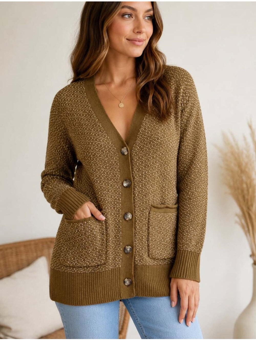 Madewell Maysfield Birdseye Brown Button Front V-Neck Cardigan Sweater